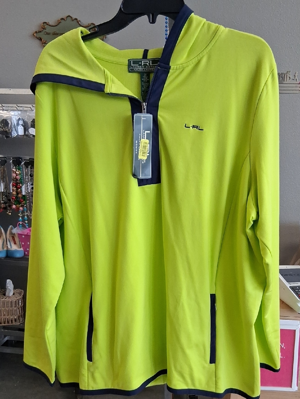 Ralph Lauren LRL Neon Yellow Green Pullover Jacket with Navy Trim
